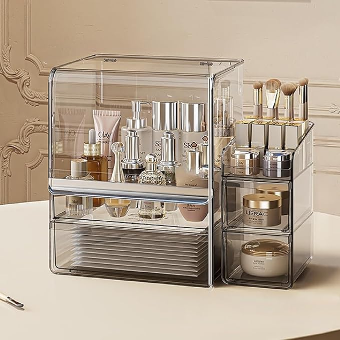 Makeup Organizer with Lid Drawers Translucent Skincare Holder Large Capacity Cosmetics Countertop Storage Box for Vanity Easy Visibility Dustproof (Silver Dark,Large + Brush Holder)