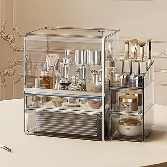 Makeup Organizer with Lid Drawers Translucent Skincare Holder Large Capacity Cosmetics Countertop Storage Box for Vanity Easy Visibility Dustproof (Silver Dark,Large + Brush Holder)