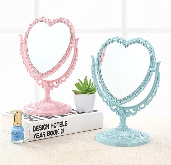 AKOAK Heart-Shaped Cosmetic Mirror - Plastic, Double-Sided, Rotatable, Lightweight - Bathroom & Bedroom Mirror (Blue)