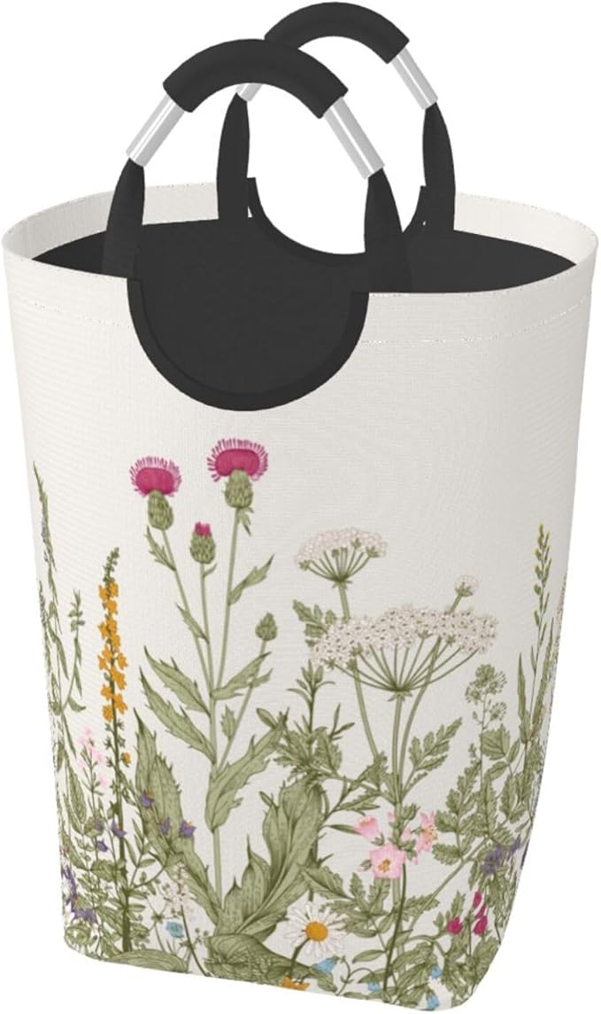 Vintage Floral Plants Laundry Basket Wild Flowers Herbs Foldable Collapsible Laundry Hamper with Handles Clothes Storage Bin 50L