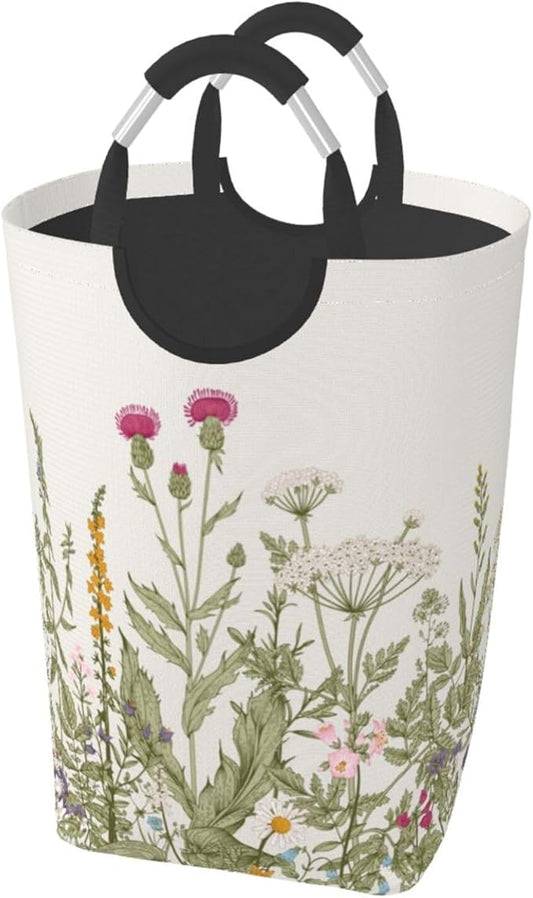 Vintage Floral Plants Laundry Basket Wild Flowers Herbs Foldable Collapsible Laundry Hamper with Handles Clothes Storage Bin 50L