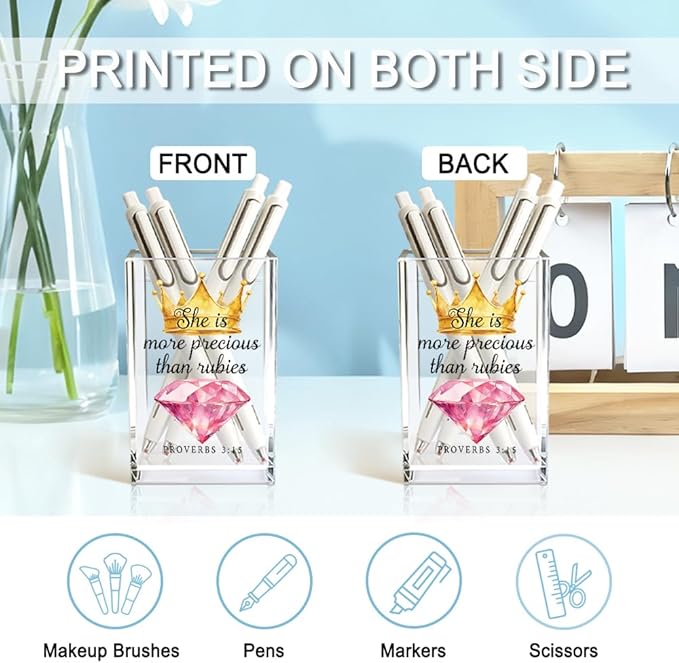 She Is More Precious Than Rubies Acrylic Cosmetic Holder, Crown Clear Makeup Brush Holder, Ideal for Bathroom Jewelry Accessories Holding, Christian Bible Verses Gifts for Women Girlfriend Her
