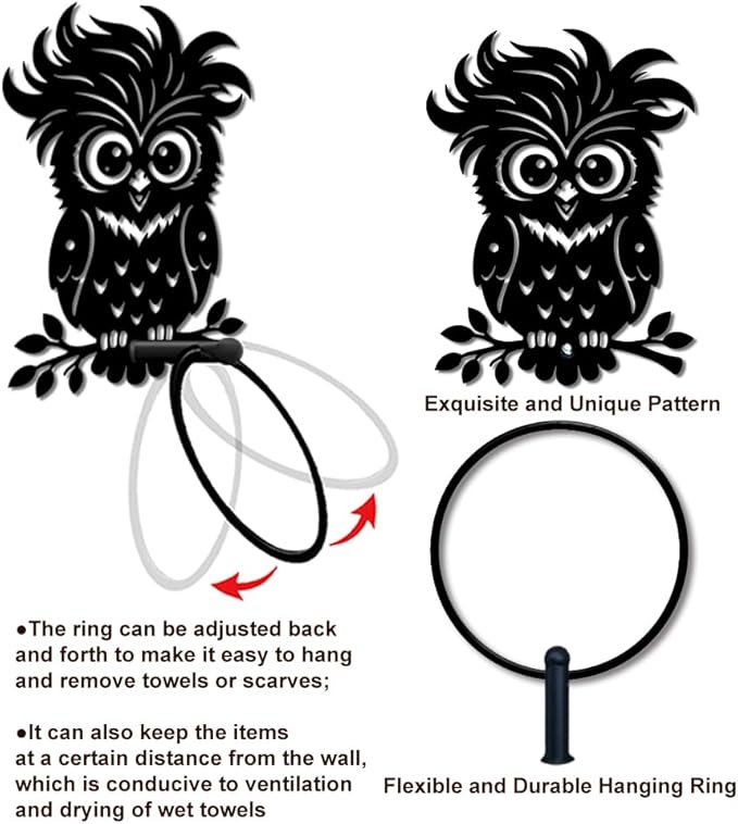 MAYJOYDIY Cute Owl Metal Towel Ring Round Cartoon Bird Hand Towel Holder Animals Ring Hanger Wall Mount Black Vintage Towels Wall Organizer for Kitchen Bath Home Laundry Room Decors Gifts