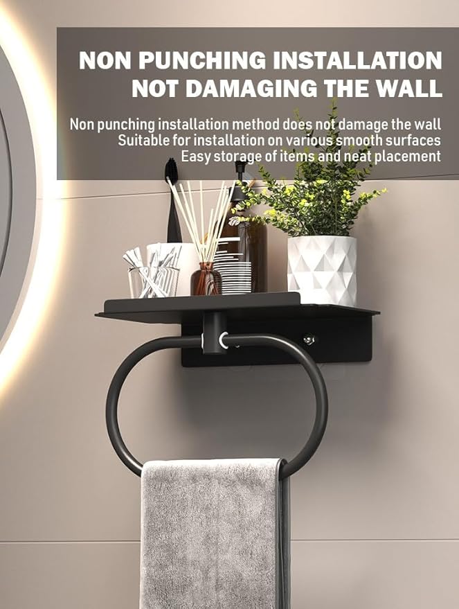 Modern Wall Mounted Towel Rack with Storage Shelf, Black Metal Bathroom Towel Bar, Space-Saving Bathroom Accessories