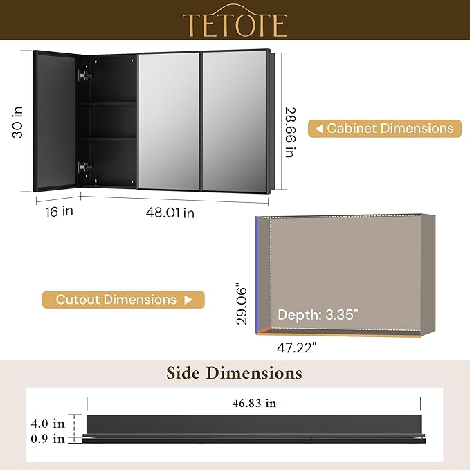 TETOTE 48" x 30" Medicine Cabinet Black Bathroom Mirror with Storage Beveled Aluminum Frame Stepless Adjustable Shelves, Wall-Mounted or Recessed
