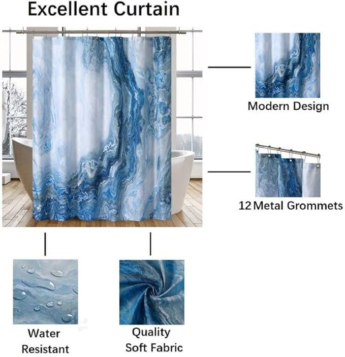 Blue Shower Curtain Marble Texture for Bathroom, Blue Polyester Fabric Waterproof Bathroom Decor,72 x 72 Inch,Standard Size