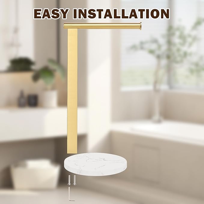Hand Towel Holder Stand for Bathroom, L- Shaped Standing Hand Towel Rack, Towel Bar Kitchen Vanity Countertop Organizer, SUS304 Stainless Steel Material (Marble Base, Gold)