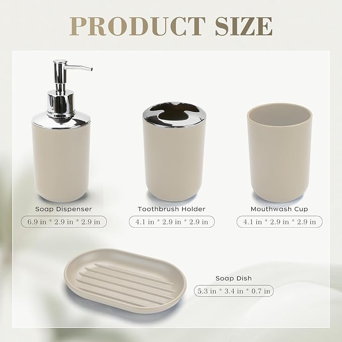 4 Pcs Beige Bathroom Accessories Set,Bohemian Bathroom Toothbrush Holder Set.Include Soap Dispenser, Soap Dish, Toothbrush Holder, Mouthwash Cup, Modern Bahtroom Decor Set