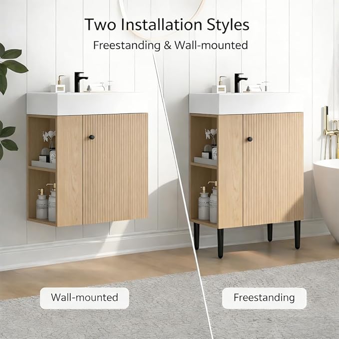Virubi 21.6 in Small Bathroom Vanity with Sink,Doors and Storage Shelves,Wood Modern Single Fluted Bathroom Sink Cabinet Freestanding (Natural Wood,Left Shelf)