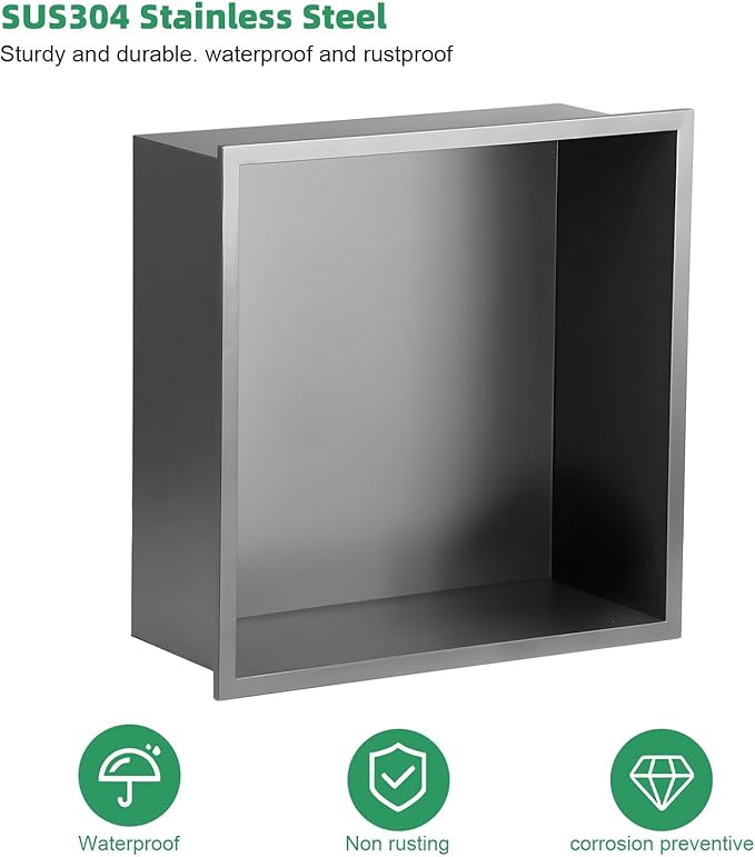 SaniteModar Shower Niche, Stainless Steel Shower Niche No Tile Needed, Recessed for Bathroom Storage (Gray, 12x12)