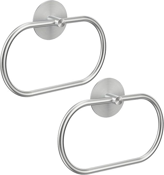 Adhesive Towel Holder Brushed Nickel Hand Towel Holder for Bathroom Wall Stainless Steel Towel Ring for Bathroom Decor and Accessories No Drilling, 2 Packs