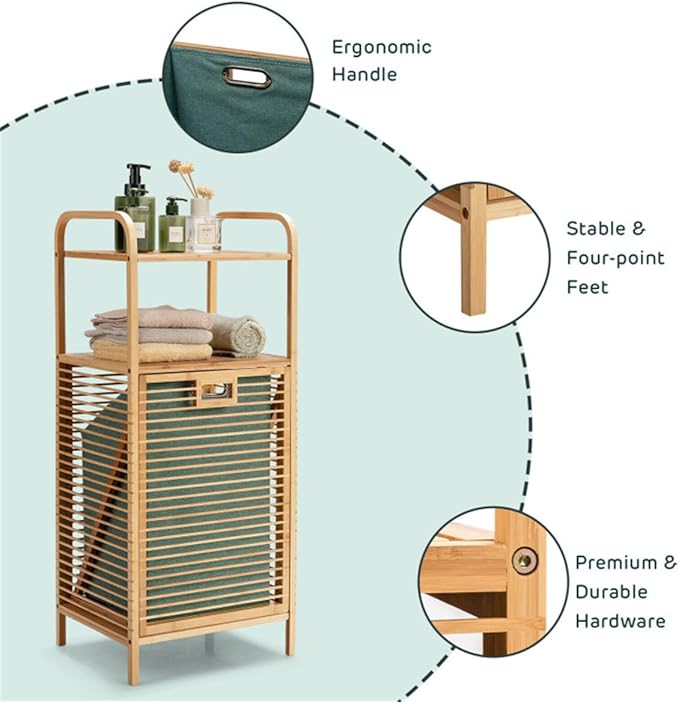 Bamboo Bathroom Storage Shelf with Tilt Out Laundry Hamper Tall Freestanding Organizer with Two Open Shelves for Towels and Toiletries Removable Fabric Bin 38 Inch Height Bathroom Furniture