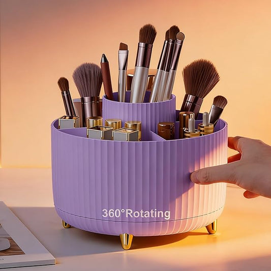 360 Degree Rotating Makeup Brush Holder Organizer Detachable Design 5 Slot Make up Brushes Cup for Cosmetics and Pencil Pen Organizer for Desk Makeup Organizer Skincare Storage for Vanity（Purple）