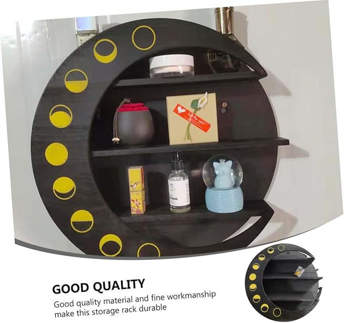 SHOWERORO Moon Shape Wall Storage Rack Black Wooden Sundries Shelf for Home Decor Easy to Install Multipurpose Display Organizer for Kitchen Bathroom