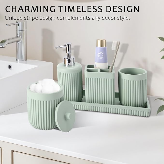 XLHOMO Light Green Bathroom Sets with Shower Curtain and Rugs, 8-Piece Resin Bathroom Accessories Sets Complete, Soap Dispenser, Toothbrush Holder, Tumbler, Tray & Apothecary Jars Bathroom Essentials