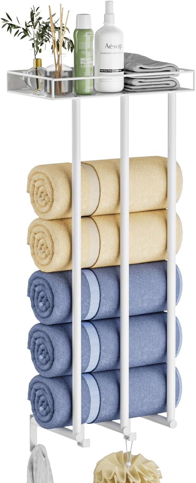 Ovicar Towel Racks for Bathroom - Wall Mounted Rolled Towels Storage with Metal Shelf & 3 Hooks,3 Bars Wall Towel Holder for Small Bathroom, Bath Towel Organizer White