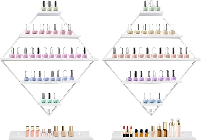 Wall-Mounted Nail Polish Rack, Set of 4 Rhombus White Nail Polish Shelf Lipstick Perfume Cosmetic Display Shelf for Home Spa Nail Salon Shop