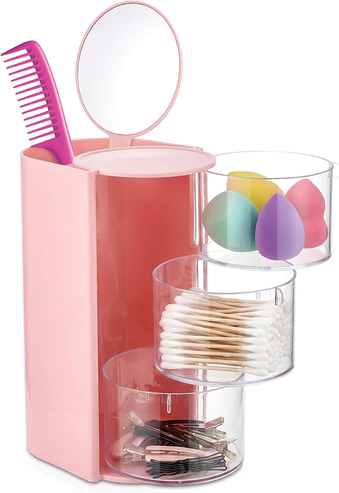 Hair Accessory Organizer, Rotatable Makeup Brush Holder for Necklaces, Hair Tie Organizer Jewelry Storage Box for Hairs Clips, Earrings, Necklaces, Bracelets, Rings(COLOR:pink)