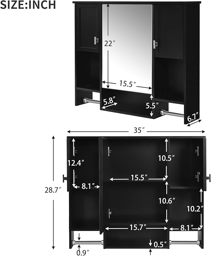 Merax Medicine Cabinet for Bathroom, Wall Mount Bathroom Cabinet with Mirror, Open Shelf, and Towel Bar, 35" W x 28.7" H Over The Toilet Mirrored Bathroom Wall Cabinet
