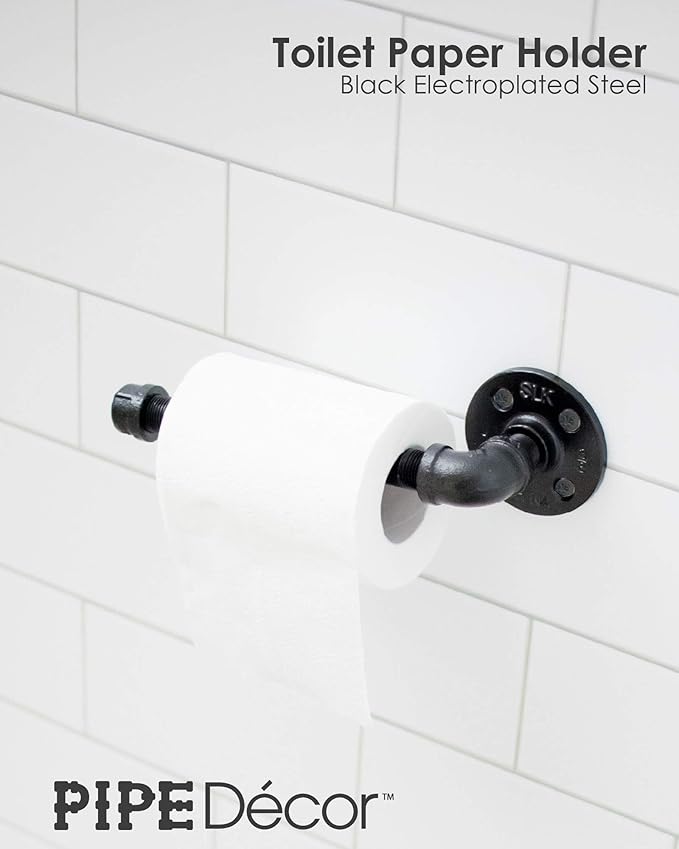 Industrial Pipe Bathroom Hardware Fixture Set by Pipe Decor 3 Piece Kit Includes Robe Hook, 18 Inch Towel Bar and Toilet Paper Holder, Heavy Duty DIY Style, Modern Chic Electroplated Black Finish