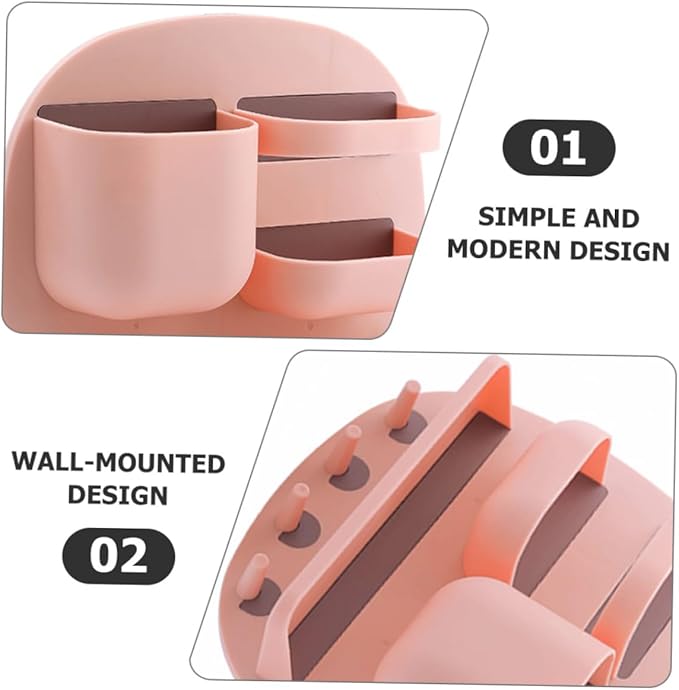 Veemoon Wall-Mounted Bathroom Shelf Organizer with 3 Compartments and Elevated Display Shelf, Pink Storage Rack with 4 Hooks for Toiletries, Space-Saving Wall Storage Holder for Bathroom