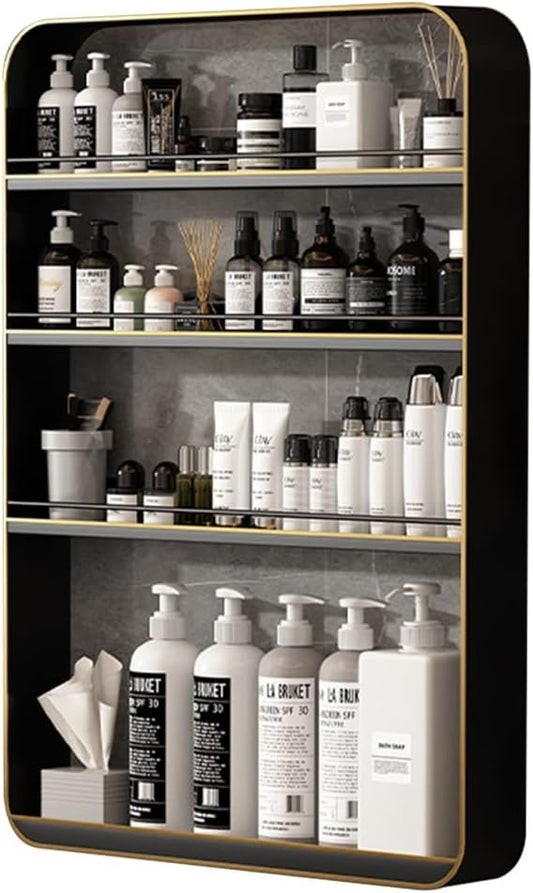 Punch- Bathroom Shelf, Wall-Mounted Makeup Organizer, Cosmetic Storage Rack, Multi-Layer Large Capacity, 10kg Load-Bearing,Black a-50 * 70cm
