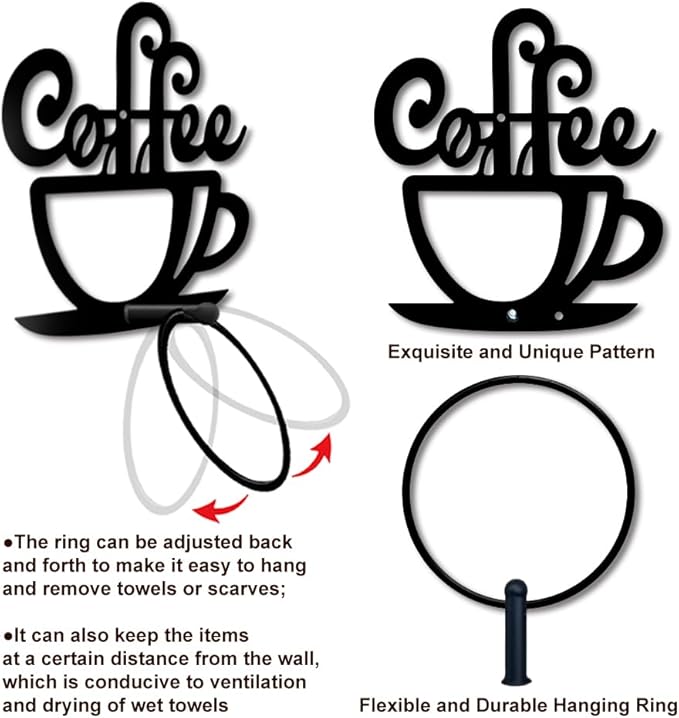 MAYJOYDIY Coffee Metal Towel Ring Tea Cup Towel Holder Afternoon Tea Coffee Wall Decor Towel Hanger Black Art Towel Rack Wall Mounted for Bathroom Kitchen Home Shop Decors Gift