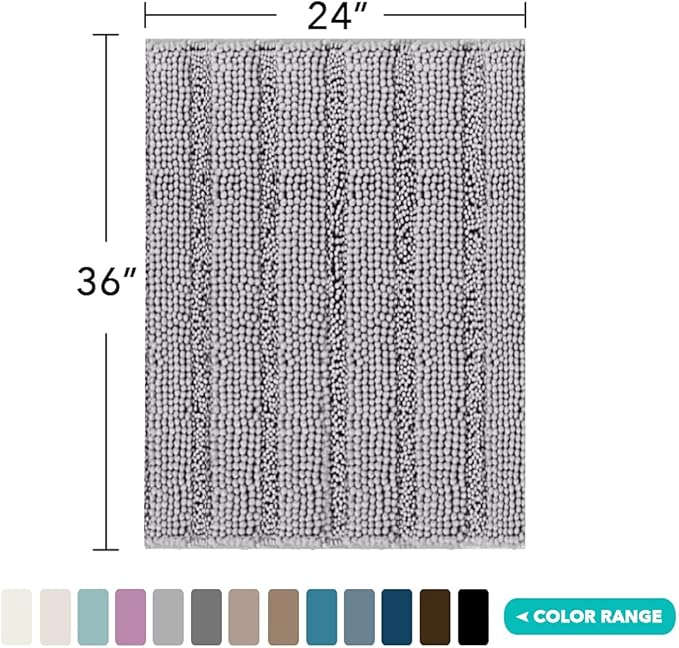 Turquoize Chenille Bath Rugs Shaggy Non-Slip Bath Mat 24 x 36 in Soft Absorbent Area Rug, Dove