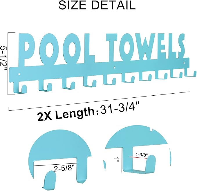 IBosins Large Pool Towel Rack with 10 Hooks, Towel Holder Wall Mounted for Outdoor, Towel Hanger for Hanging Bathrobes, Towels, Clothes - Perfect Pool Area Outside Sign and Decor (Blue)