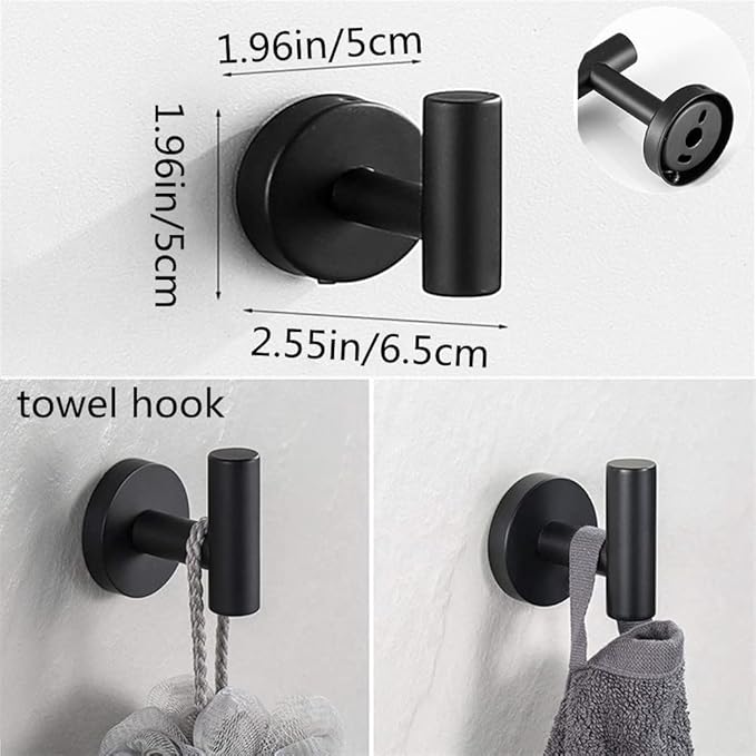 szhdxsy 6Pack Matte Black Bathroom Hardware Set, SUS 304 Stainless Steel Towel Holder Wall Mounted -Include16inch Towel Rack,Toilet Paper Holder, Wall Towel Hooks and Adhesive Bathrobe Hooks.
