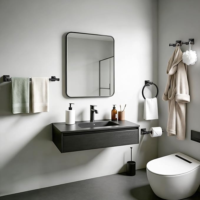 5-Piece Matte Black Bathroom Hardware Accessories Set, Stainless Steel Bathroom Towel Bar Set, 24 Inch Towel Bar, Towel Ring, Toilet Paper Holder, 2 Towel Hooks, Towel Racks for Bathroom Wall Mounted