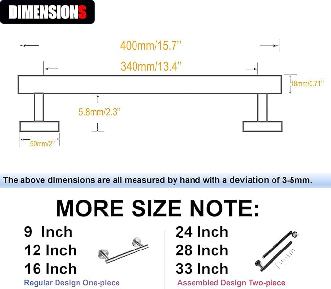 16 Inch Towel Bar 2 Pack for Bathroom 9/12/16/24/28/33 Inch Kitchen Hand Towel Holder Brushed Nickel Stainless Steel 304 RUSTPROOF Wall Mount Towel Rod 2 of Pack (2, Brushed Nickel, 16 Inch)