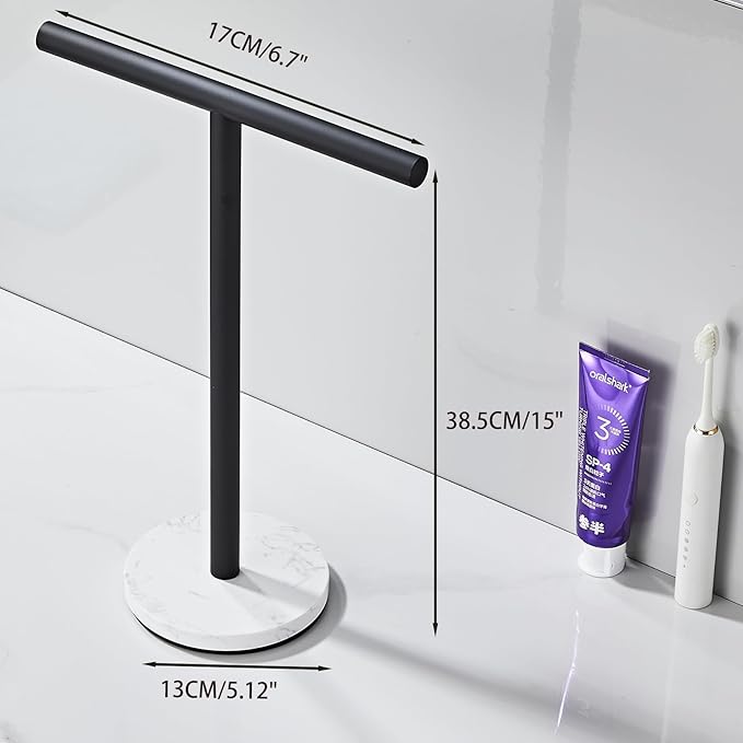 Hand Towel Holder, 15 Inch T-Shape Freestanding Towel Rack Stand for Bathroom & Kitchen Countertop with Matte Black Finish and Marble Base