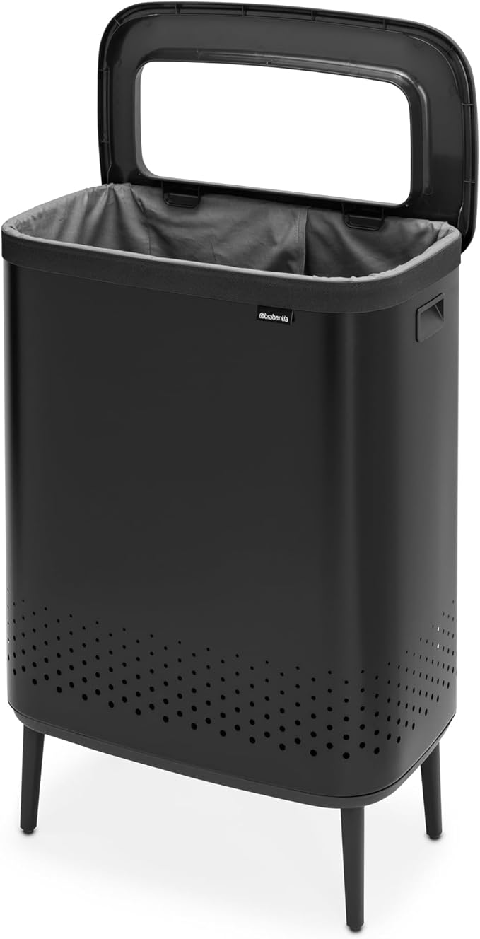 Brabantia Bo Laundry Hamper Hi (Matt Black) 2 Compartment Removable Laundry Bag 2 x 12 Gal, Ventilated Stylish Dirty Clothes Holder, Flat Back, Off-the Ground, Anti-Rust Materials for Bathroom Use