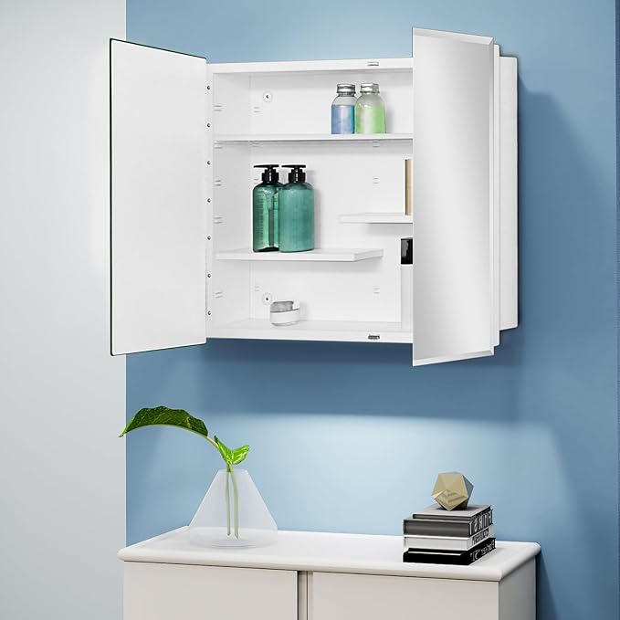 Fundin White Medicine Cabinet Recessed or Surface Mount, Bathroom Medicine Cabinet with 30 x 24 Beveled Edge Mirror Size and Adjustable Staggered Shelves