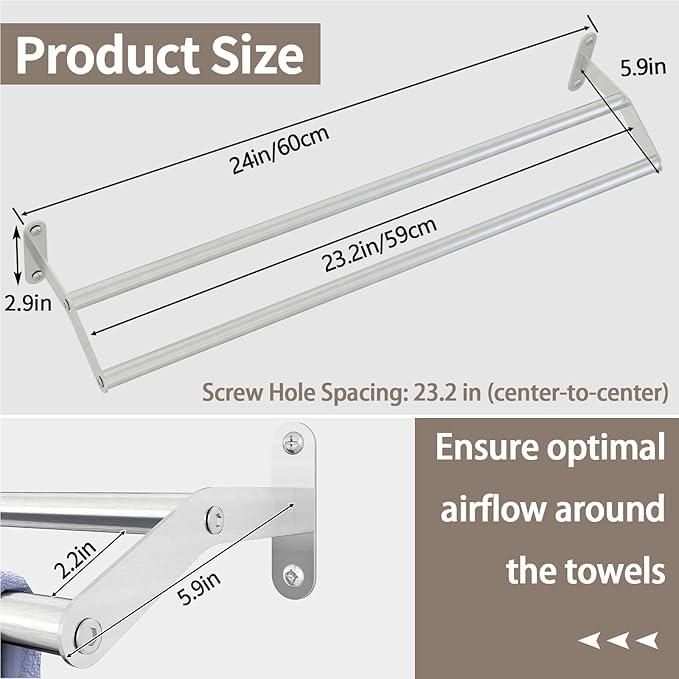 Double Towel Bar for Bathroom Wall 24 Inch, Double Towel Racks for Bathroom Wall Mounted, Stainless Steel Bathroom Towel Holder Towel Hanger (Double Bar-Brushed Nickel, 24 in)