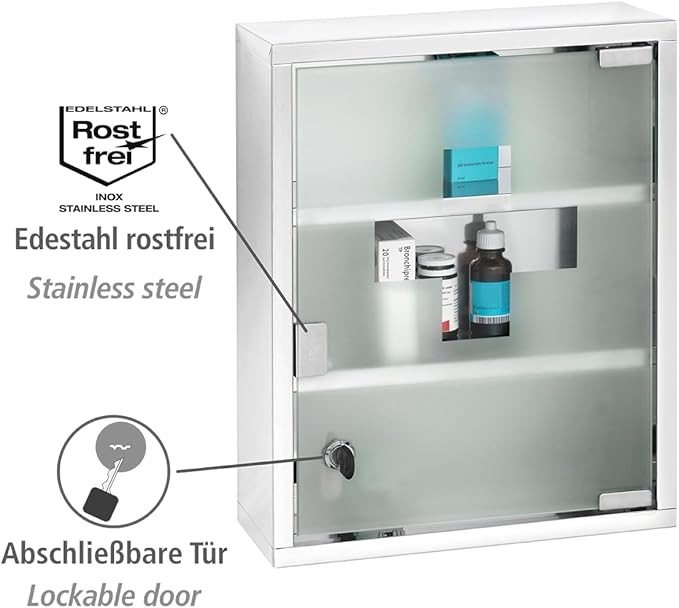 WENKO Medicine Cabinets with Lock, Wall Mounted Over The Toilet Storage Shelves, First Aid Bathroom Wall Cabinet with Safety Glass Door, Medium, 11.8 x 15.7 x 4.7 in, Silver Shiny