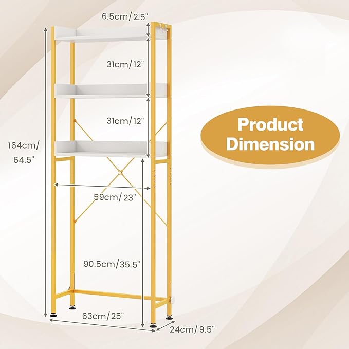 Giantex Over The Toilet Storage Shelf, 3-Tier Freestanding Space Saver Above Toilet with 4 Hooks, Adjustable Bottom Bar, Over Toilet Bathroom Organizer for Restroom, Laundry, Easy Assembly