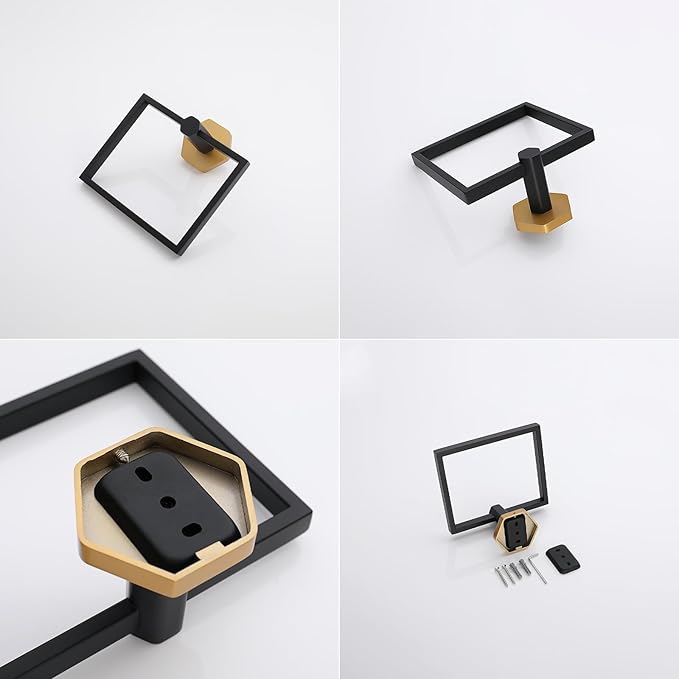 GERZWY Modern Towel Holder Stainless Steel Towel Ring for Bathroom Lavatory Wall Mount Contemporary Style (Black & Gold)