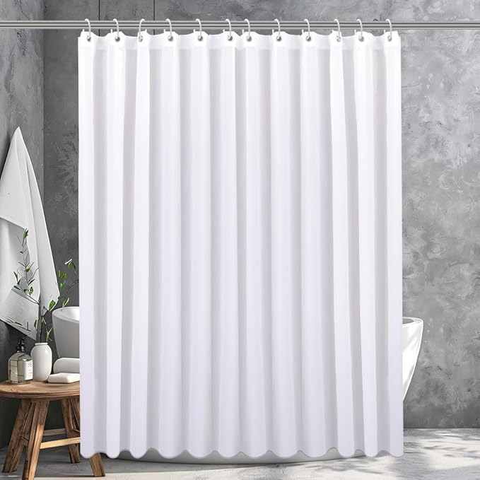 Strip White Fabric Shower Curtain with Magnets - 85 GSM Heavy Duty Waterproof Bath Curtain, 12 Reinforced Metal Grommets (72x72 Inches)