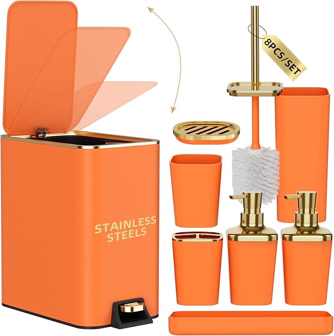 XLHOMO Bathroom Accessories 8 Piece Orange and Gold Bathroom Set, Bath Accessories with Stainless Steel Trash Can,Toilet Brush,Toothbrush Set,Soap Dispenser