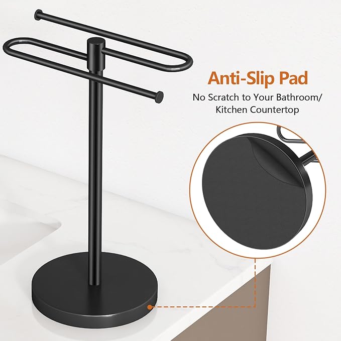 Hand Towel Stand, Stainless Steel Towel Holder for Bathroom Countertop, 15.2 Inch S-Shape Weighted Base Standing Hand Towel Rack Bar Holds 2 Towels for Kitchen Vanity, Black