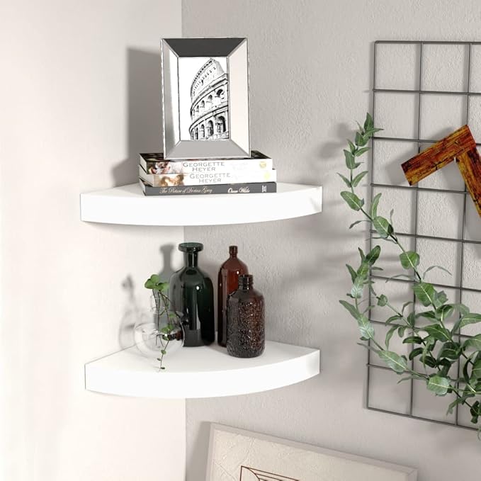 Floating Corner Shelves 2 Pack White 9.8x9.8x1.5 Inches MDF Wall Mounted Display Storage for Home Office Decor Books Photos Awards