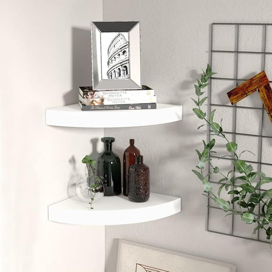 Floating Corner Shelves 2 Pack White 9.8x9.8x1.5 Inches MDF Wall Mounted Display Storage for Home Office Decor Books Photos Awards