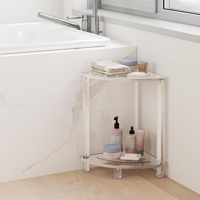Sumerflos Acrylic Corner Shower Stool for Inside Shower, Clear Small Shower Bench for Shaving Legs Seating Waterproof Heavy Duty Assemble Modern (Clear, 11.81" D x 11.81" W x 18.11" H)
