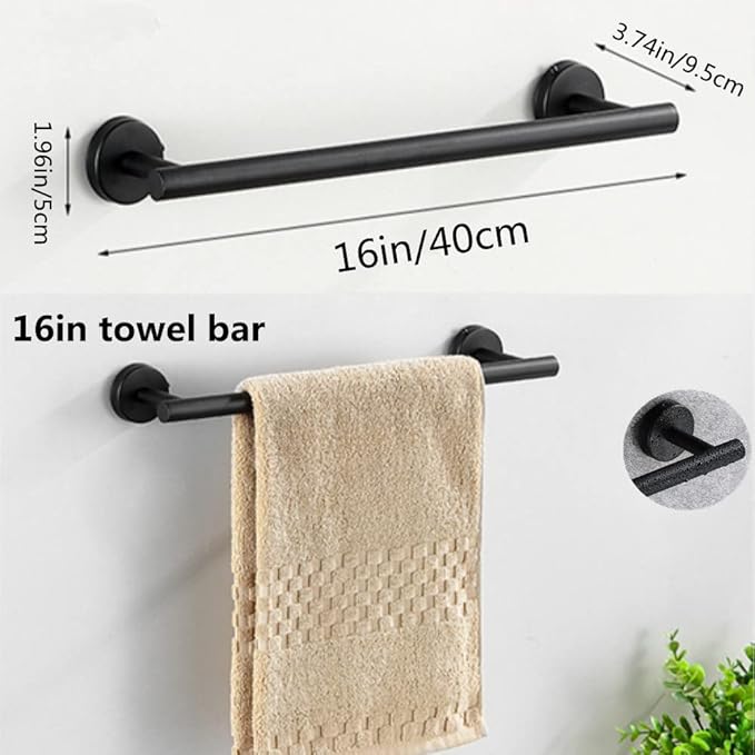 szhdxsy 6Pack Matte Black Bathroom Hardware Set, SUS 304 Stainless Steel Towel Holder Wall Mounted -Include16inch Towel Rack,Toilet Paper Holder, Wall Towel Hooks and Adhesive Bathrobe Hooks.