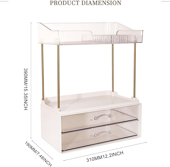 Elegant 2-Tier 2-Drawer Bathroom Countertop Organizer, Multi-Purpose Makeup & Skincare Organizer, Champagne Gold