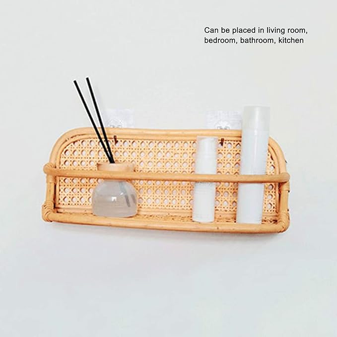 Rattan Wall Shelf, Hand Crafted Natural Rattan Hanging Rack, Wall Mounted Storage Shelf for Bathroom Kitchen Living Room with Durable Woven Design