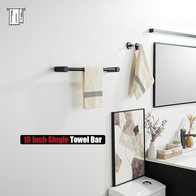 JQK Towel Bar Black, 18.5 Inch 304 Stainless Steel Thicken 0.8mm 2 Pieces Towel Rack Bathroom Wall Mount, Useable Length 16 Inch, TB610L16-PB