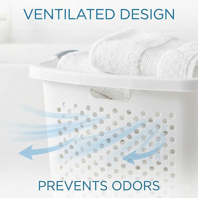 Extra Large 2.5 Bushel Plastic Laundry Hamper Basket - Tall Ventilated Clothes Bin with 4-Way Easy-Grip Handles, Heavy Duty Washing Storage for Bedroom, Bathroom, and Dorm Organization, White